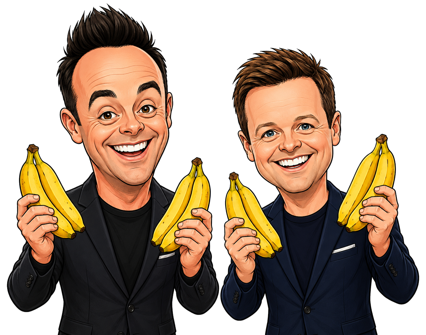 Cartoon illustration of Ant and Dec holding bananas