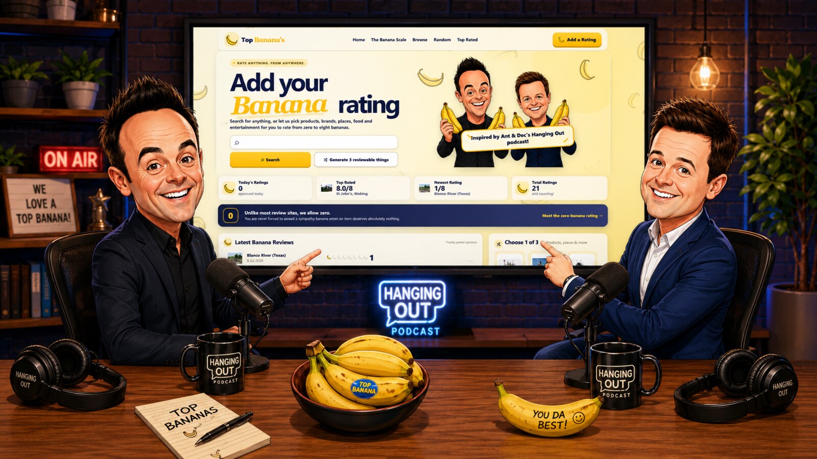 A playful podcast studio scene featuring cartoon presenters, bananas and the Top Banana's website on a screen